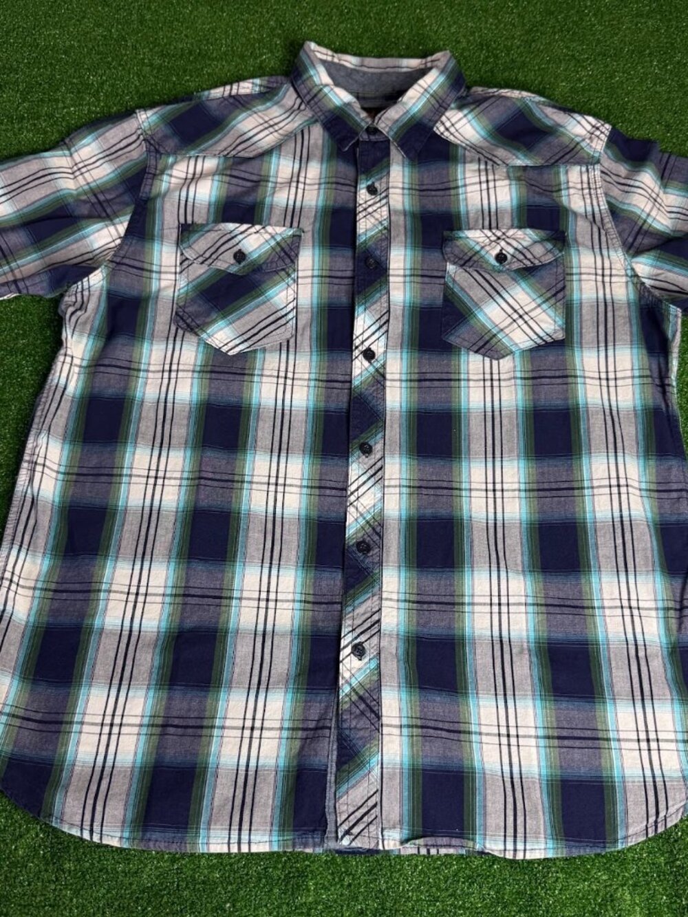 Lee Western Plaid Shirt Men's XL Navy Blue Short Sleeve Button Up Rodeo Ranch
